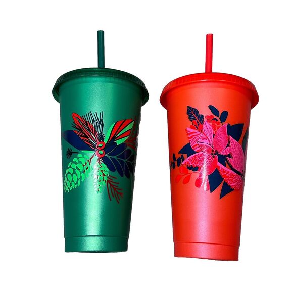 Set Of 2 STARBUCKS HOLIDAY CUPS TUMBLER LID & STRAW 24 oz 2020 Poinsettia - Picture 1 of 7